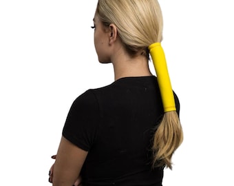 Neoprene Solid Color Yellow With Orange Stitching 8” Hair Glove® | Biker Ponytail Hair Glove| No Slip Ponytail Hair Wrap