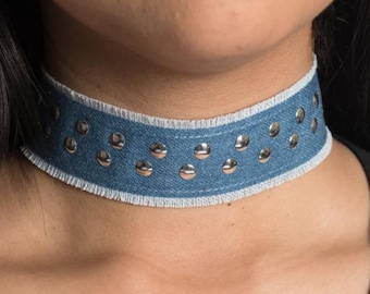 Nailheads Denim Halsband | Baumwollstoff Choker Halskette | Choker Halsband | Geschenk für sie