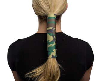 Neoprene With Camouflage Print 4” Hair Glove® | Biker Ponytail Hair Glove| No Slip Ponytail Hair Wrap | Ponytail Hair Glove