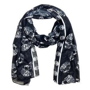 Black Skulls Design Scarf - Edgy Fashion Statement, 30.5&quot;W x 70&quot;L