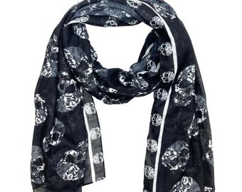 Black Skulls Design Scarf - Edgy Fashion Statement, 30.5&quot;W x 70&quot;L