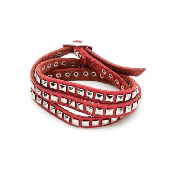 Red Triple Wrap Bracelets Full Grain Leather Decorated With Studs  Men’s Leather Bracelet