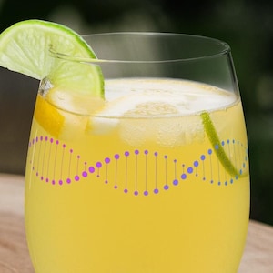 Puede incluir: Un vaso de limonada amarilla con una rodaja de lima como guarnición. El vaso tiene un diseño de cadena de ADN impreso.