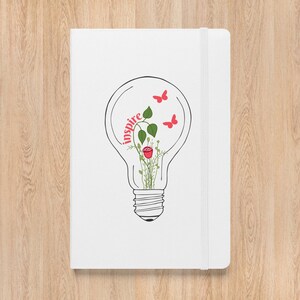 Diario inspirador con rosas y mariposas: diseño de bombilla con fuente rosa / Cuaderno de tapa dura blanco para inspirarse y obtener ideas