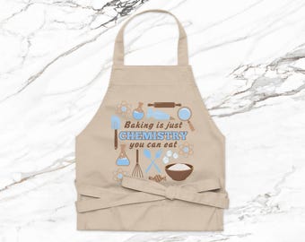 Delantal de algodón orgánico con diseño de química para repostería: divertido diseño con cita científica. Regalo de cocina ecológico para panaderos y amantes de la ciencia