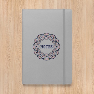 以下が含まれることがあります： 中央に「NOTES」という文字が書かれた、カラフルなDNAのようなデザインのグレーのノートブックです。