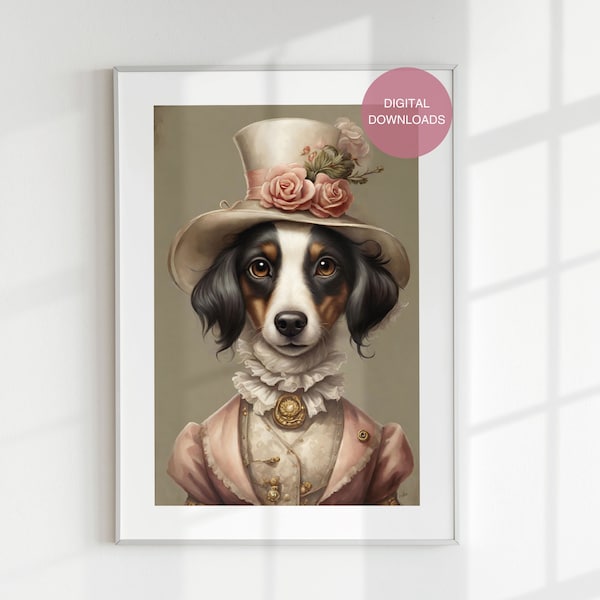 Digital Lady Dog Portrait, Royal Pet Painting, Renaissance Animal Portrait, Animal Head Human Body, Anthropomorphic, Baby Room Wall Art