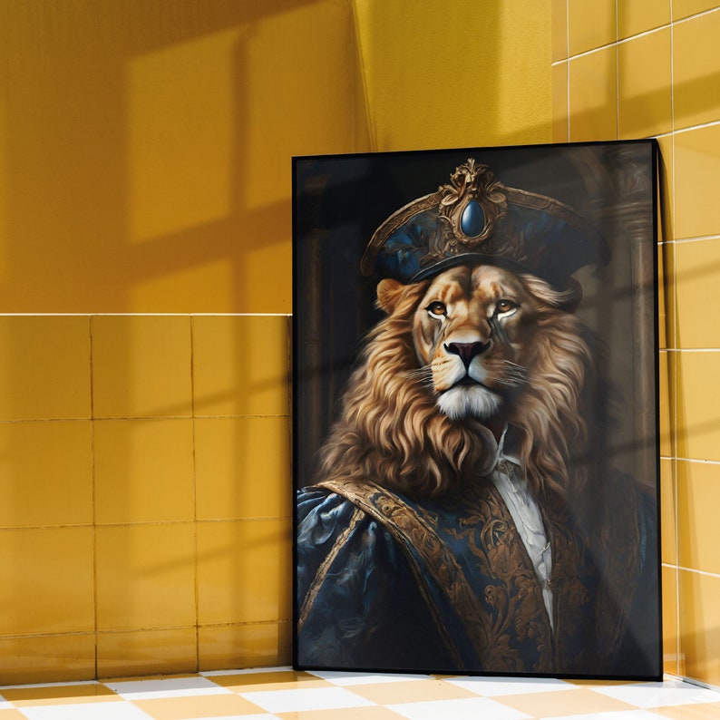 Lion Renaissance Portrait, Animal Head, Lion Portrait Oil Paint, Victorian Animal Portrait Wall