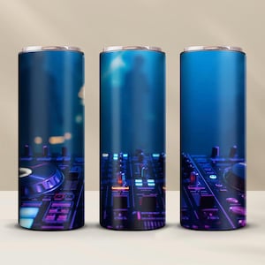 May include: A set of three stainless steel tumblers with a DJ mixer design. The tumblers are blue with a black and purple DJ mixer design. The tumblers are perfect for keeping drinks cold or hot.