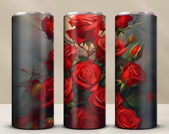 Red Roses 20oz Skinny Tumbler Wrap | Vintage Floral PNG Sublimation Design