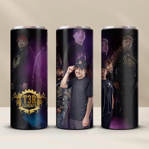 May include: Three stainless steel tumblers with a black and purple design featuring a group of men. The tumblers have a gold logo that says "T3R ELEMENTO".