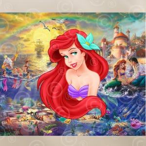 May include: A red-haired mermaid with a purple seashell bra and a turquoise flower in her hair. She is smiling and looking to the right. The background is a colourful underwater scene with a castle in the distance.