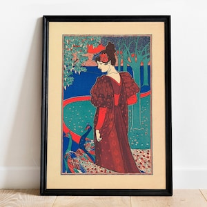 Woman with Peacocks Print Poster, Vintage Antique Style Art Nouveau Poster Painting, Peacock Print, Fun Gift