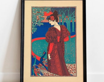 Woman with Peacocks Print Poster, Vintage Antique Style Art Nouveau Poster Painting, Peacock Print, Fun Gift