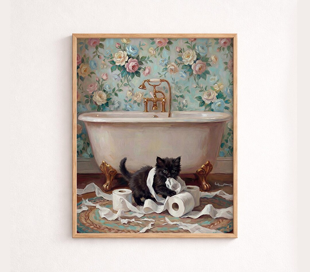 Black Kitten Bathroom Art Print, Cute Cat Toilet Paper Painting Style ...