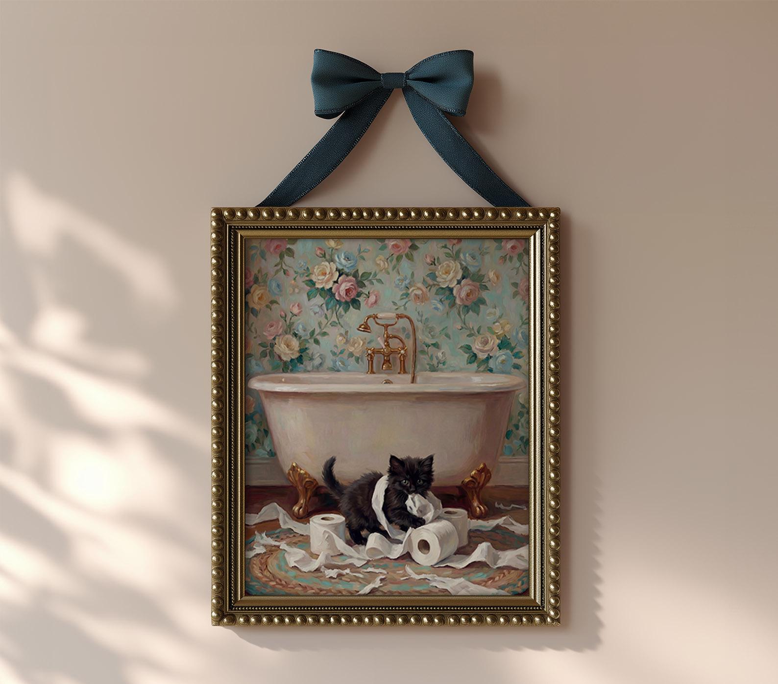 Black Kitten Bathroom Art Print, Cute Cat Toilet Paper Painting Style ...