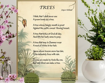 Trees Poem Joyce Kilmer, Floral Green Graphic, Digital Download, Nothing to Ship, Unframed, 24x36, Sizeable, PDF, JPG, Poetry, Portrait