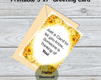Greeting Card, Thinking of You, 5x7 PDF, Digital Download, No Shipping, Yellow Floral Border, No Envelope, Blank Inside