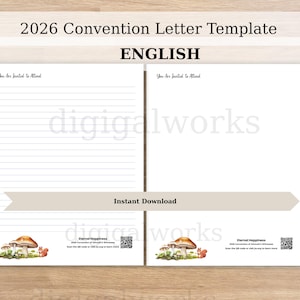 May include: A two-page convention letter template with the text "2026 Convention Letter Template" and "ENGLISH". The left page has lined paper, and the right page is blank. Both pages have the text "You Are Invited to Attend". The bottom of the pages have a mushroom and squirrel graphic.