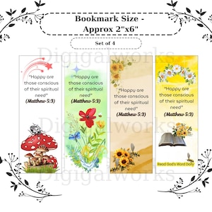 Puede incluir: Juego de 4 marcapáginas, cada uno de aproximadamente 5 cm x 15 cm. Los diseños incluyen un hongo con una mariquita, flores silvestres, girasoles y margaritas. Cada marcapáginas presenta el texto "Bienaventurados los pobres en espíritu" (Mateo 5:3).