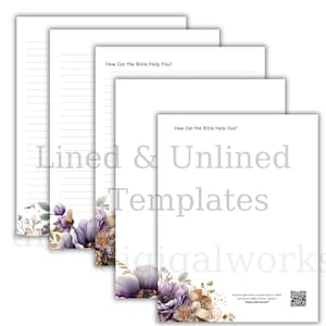 Pode incluir: Modelos brancos com e sem linhas com detalhes florais em roxo, bege e verde. O texto "How Can the Bible Help You?" está no topo das páginas. As palavras "Lined & Unlined Templates" estão no centro da imagem.