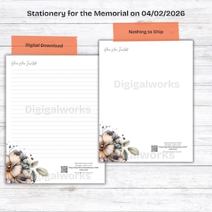 Peut inclure: Papeterie pour un service commémoratif, avec deux feuilles blanches. L'une est lignée, l'autre vierge. Les deux ont des motifs floraux et le texte "You Are Invited". Le haut indique "Stationery for the Memorial on 04/02/2026".