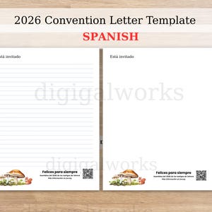 Op de afbeelding: Een witte briefsjabloon met de tekst "2026 Convention Letter Template" en "SPANISH" bovenaan. De tekst "Está invitado" staat bovenaan de pagina. De onderkant van de pagina heeft de tekst "Felices para siempre" en een paddenstoelillustratie.