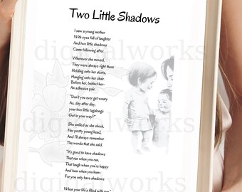 Two Little Shadows, Poem about Motherhood, Children Graphic, Digital Download, Nothing to Ship, JPG, PDF, 24x36, Sizeable Wall Art, Unframed