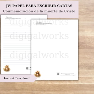 Puede incluir: Dos hojas de papel blanco con texto en español, una rayada y otra en blanco, con el texto "JW PAPEL PARA ESCRIBIR CARTAS" y "Conmemoración de la muerte de Cristo". Una pancarta rosa dice "Instant Download".