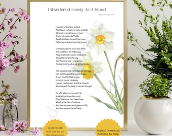 I Wandered Lonely as A Cloud, William Wordsworth Poem, Watercolor Daffodils, Digital Download, Nothing to Ship, Unframed, 24x36, Sizeable