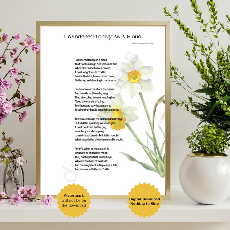 I Wandered Lonely as A Cloud, William Wordsworth Poem, Watercolor Daffodils, Digital Download