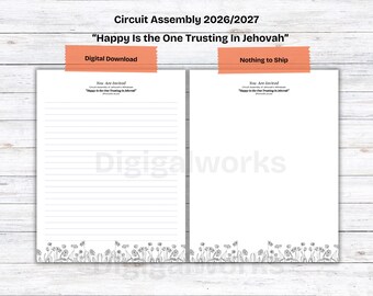 Circuit Assembly Letter Writing Stationery, Digital Download, Happy Is the One Trusting in Jehovah, Black White, Lined & Unlined Paper, PDF