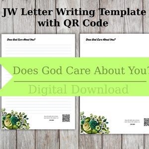 Puede incluir: Una plantilla digital para escribir cartas con el texto "¿Se preocupa Dios por ti?" y un código QR. La plantilla tiene un diseño floral y está sobre un fondo blanco. También se ve la palabra "Descarga digital".
