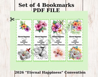 2026 Convention Eternal Happiness 4 Bookmarks, Hibiscus Theme, PDF File Digital Download, No Ship, READ Details Below BEFORE Purchase