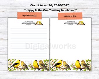 Circuit Assembly Letter Stationery, Digital Download, Happy Is the One Trusting in Jehovah, Bird and Flower, Lined & Unlined Paper, PDF
