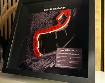 Monte Carlo 3D race track in a wooden frame – motorsport art in national colors 25x25