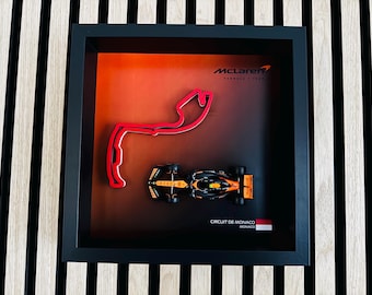 3D-printed Monaco race track in a picture frame with a McLaren F1 model car (1:43)