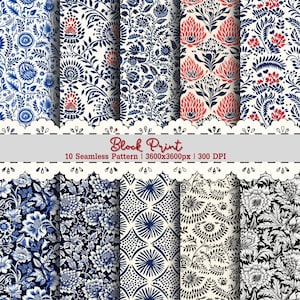 Indigo Floral Block Print Pattern, Seamless Fabric Design (Digital Download JPEGs 12x12in 300DPI)