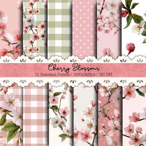 Puede incluir: Una colección de 12 patrones sin costuras con diseños de flores de cerezo. Los patrones incluyen arreglos florales rosas y blancos, cuadros de vichy y lunares. El texto "Cherry Blossom" se muestra en una pancarta rosa.