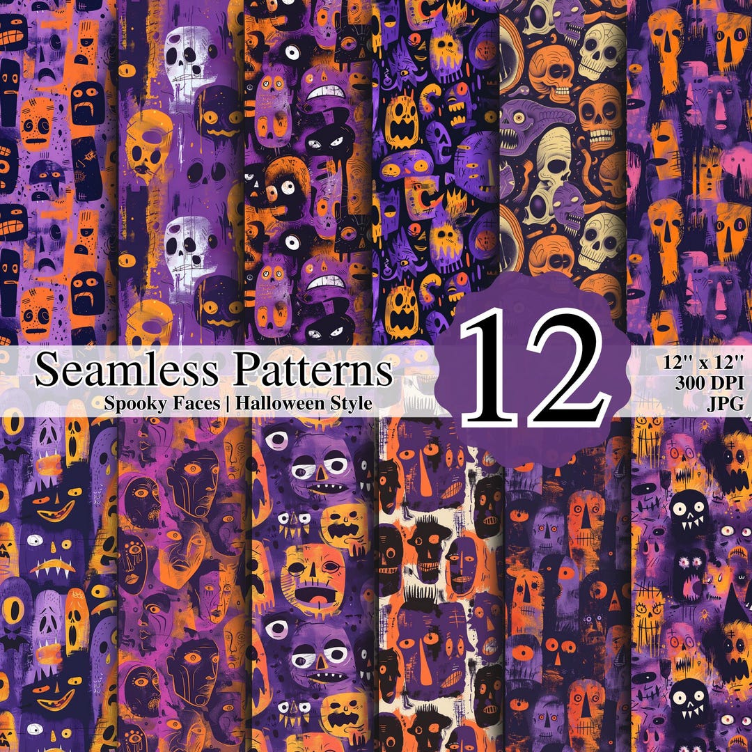Halloween Seamless Pattern: Spooky Faces Digital Paper (12x12, JPG ...