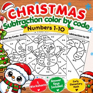 Può includere: Un set di cinque schede didattiche di sottrazione a tema natalizio per i numeri 1-10 da colorare in base al codice. Le pagine presentano disegni al tratto di un pupazzo di neve e un bastoncino di zucchero con equazioni di sottrazione.