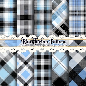May include: A digital collection of ten seamless blue tartan patterns featuring various plaid designs in shades of light blue, black, white, and gray. The image includes the text Blue Tartan Pattern, 10 Seamless Pattern, 3600x3600px, 300 DPI.