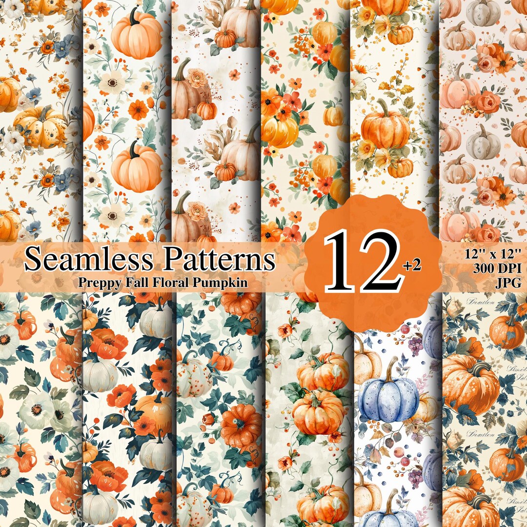 Fall Pumpkin Floral Seamless Patterns: Preppy Autumn Digital Paper (300 ...