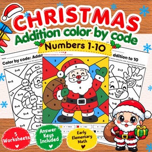 May include: A Christmas addition color by code worksheet set for numbers 1-10. The pages feature math problems, a colored Santa Claus example, and a key. Text includes Christmas Addition color by code, Numbers 1-10, and 5 Worksheets.