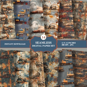 May include: A collection of 14 seamless digital paper designs featuring vintage steam trains in various colors. The designs include trains on weathered backgrounds with text that reads "Instant Download" and "12 x 12 inches 300 DPI - JPG".