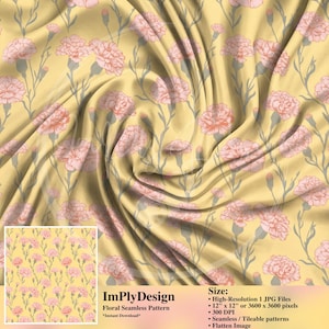 May include: A seamless floral pattern design featuring pink carnations and gray stems on a yellow background. The design includes a smaller preview image and the text "ImPlyDesign Floral Seamless Pattern Instant Download".