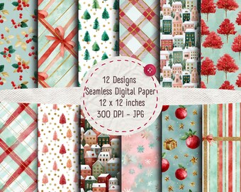Può includere: Una collezione di 12 design di carta digitale senza cuciture, ciascuno di 30,48 cm x 30,48 cm. I motivi includono temi natalizi come fiocchi regalo, alberi, quadri, case e bacche. L'immagine include anche il testo "12 Designs Seamless Digital Paper 12 x 12 inches 300 DPI - JPG".