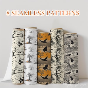 May include: Several rolls of fabric with various seamless patterns. The patterns include images of trees, crows, and pumpkins. The color palette includes black, white, and orange. The text "8 SEAMLESS PATTERNS" is displayed at the top.