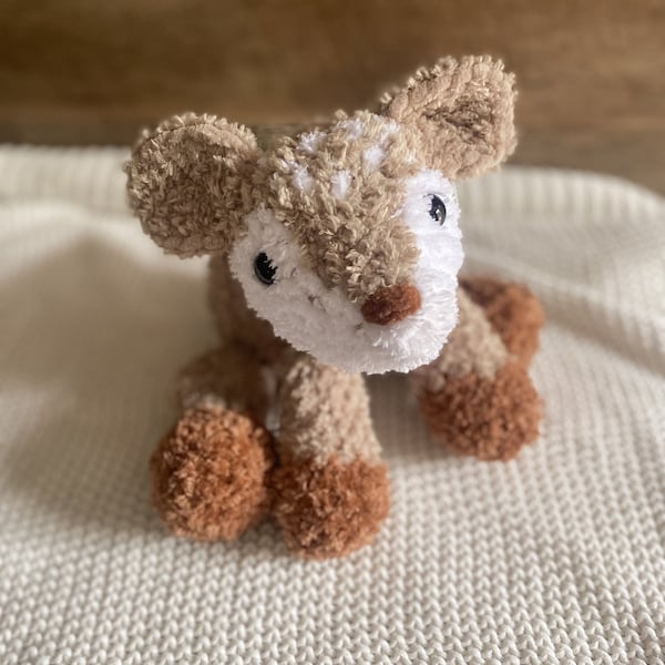 READY TO SHIP - fuzzy deer plushie, crochet animal, knotted lovey, little animal lovey, baby deer gift, crochet fawn, knotted plushie