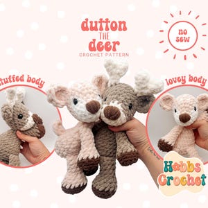 May include: Two crocheted deer toys, one brown and one pink, with the text "Dutton the Deer Crochet Pattern" and "Hobbs Crochet" on the image.